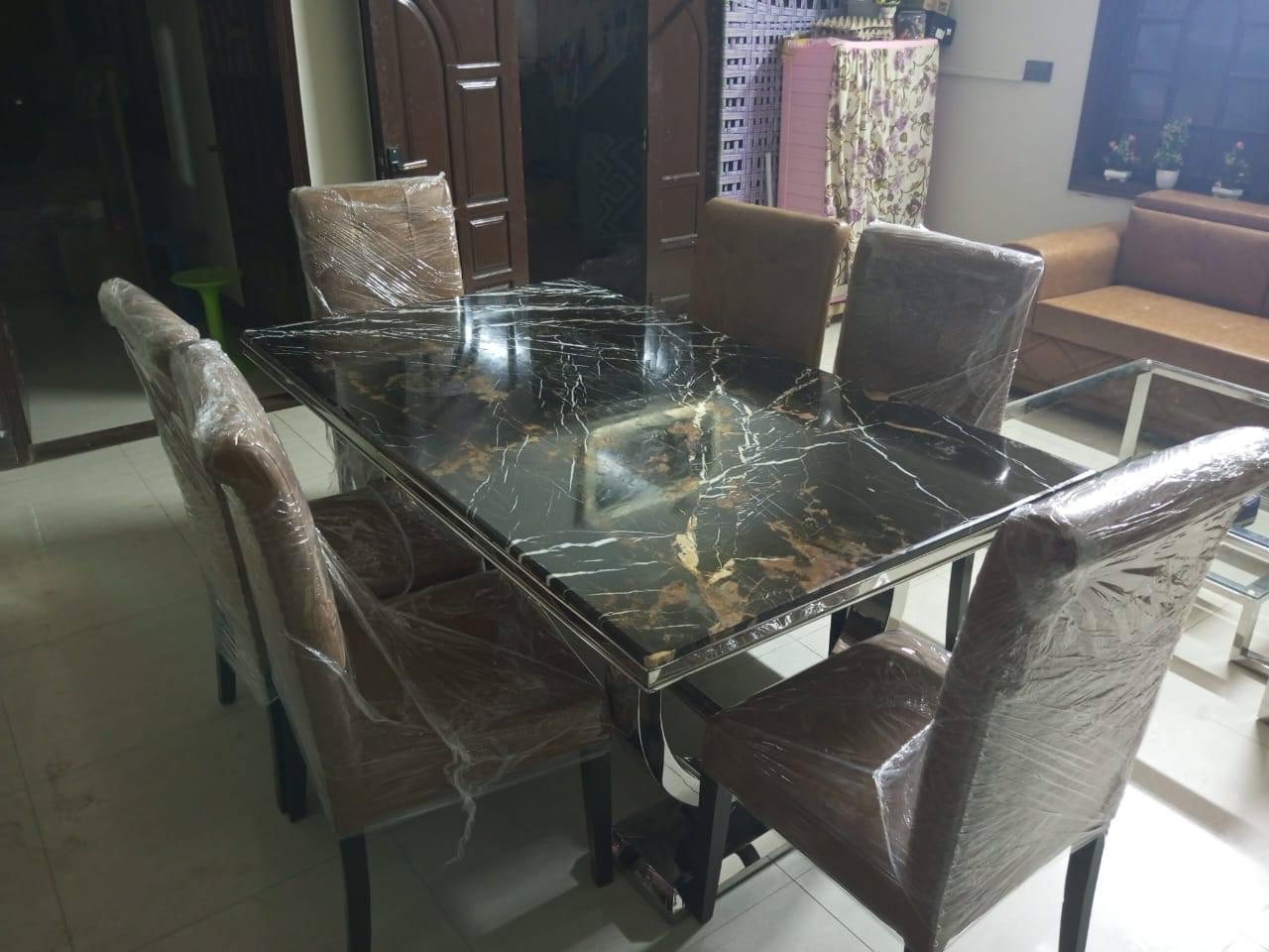 Steel Base marble dining table set