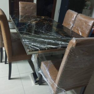 Steel base marble dining table set