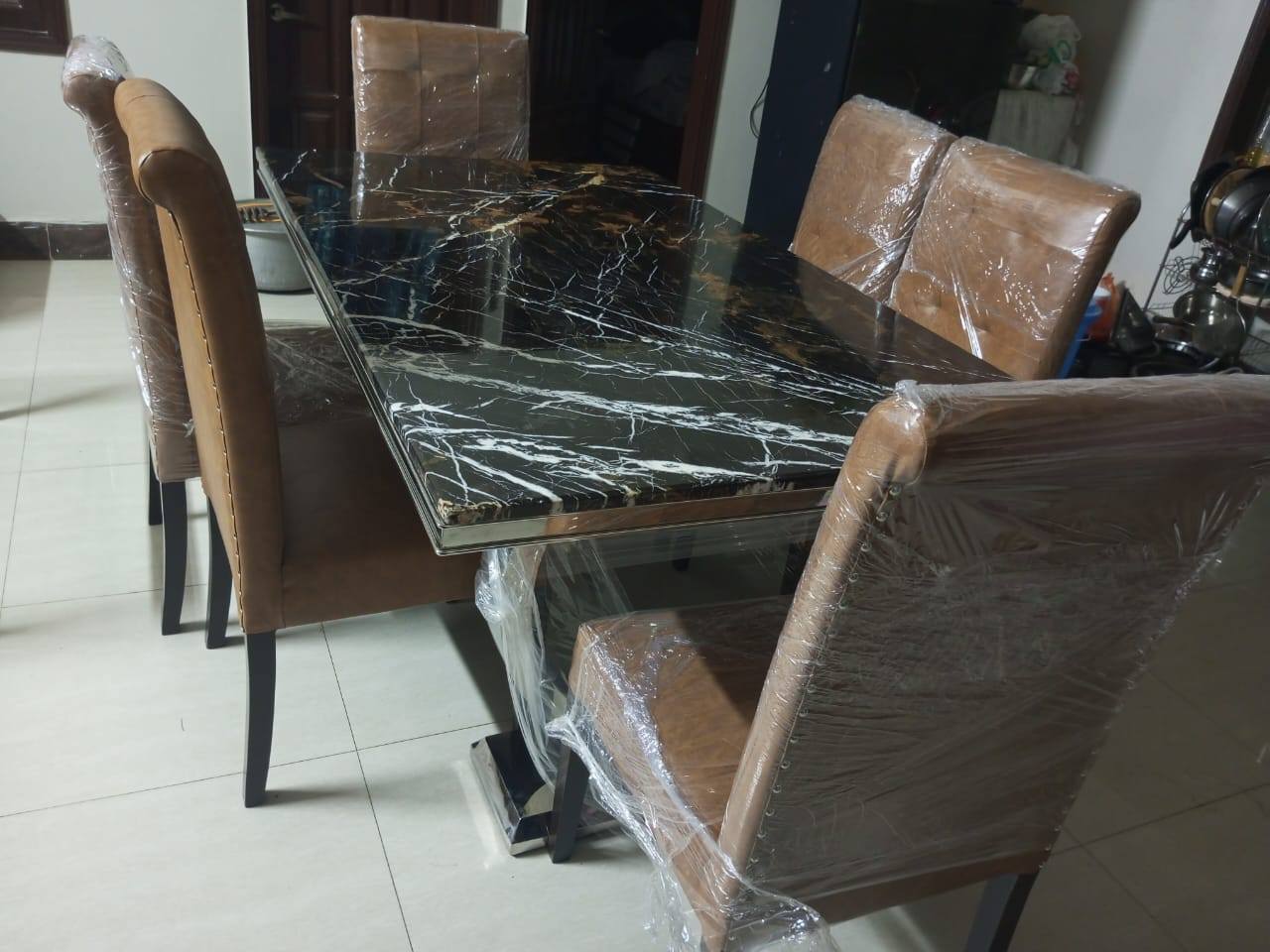 Steel base marble dining table set