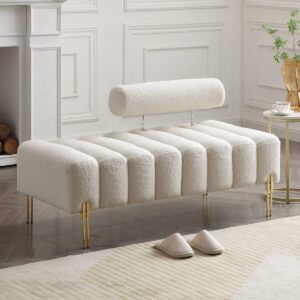 Modern wooden settee with golden legs.