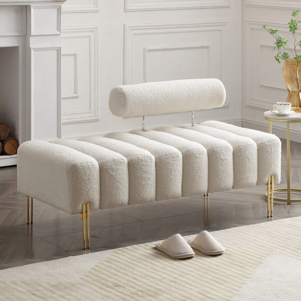 Modern wooden settee with golden legs.