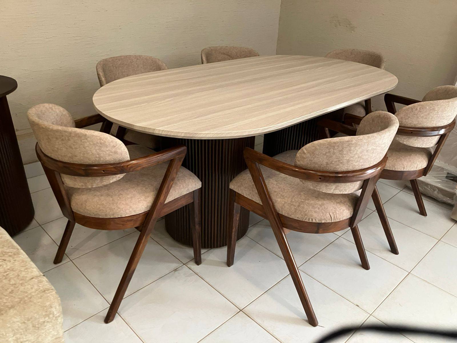 Oval round pillar wooden dining table